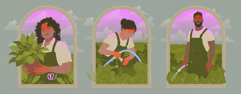 garden center workers and farmers watering crops and holding potted plants in an outdoor field horizontal editorial illustration - Powered by Adobe