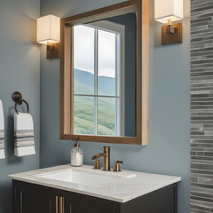 Square frame Interior of a powder room with a view of sink and mirror