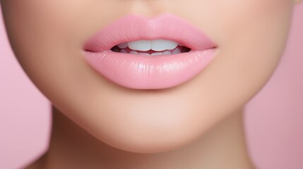 Lips with pink lipstick and white teeth of a beautiful, elegant, sexy white woman with perfect skin, close-up.