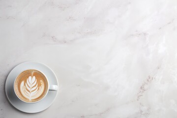 A Cup of Arabian Hot Latte Art Coffee on Marble Flat Surface gray and white Background