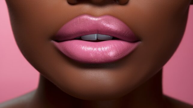 Lips with pink lipstick and white teeth of a beautiful, elegant, sexy African American woman with perfect dark skin, close-up.