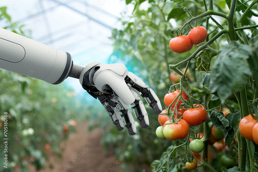 Aufkleber Robot is working in greenhouse with tomatoes. Smart farming and digital agriculture 4.0..