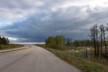 Fototapeta premium Dramatic landscape, Abandoned highway, spoiled nature, marshy roadside area, environmental damage due to the construction of the highway.