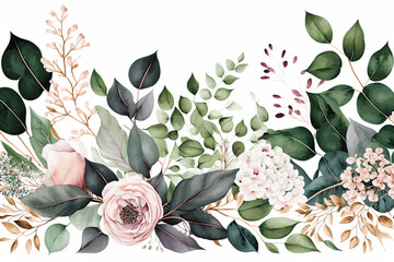 Bouquet border - green leaves and blush pink flowers on white background. Watercolor hand painted seamless border. Floral illustration. Foliage pattern. Created with generative AI technology - obrazy, fototapety, plakaty