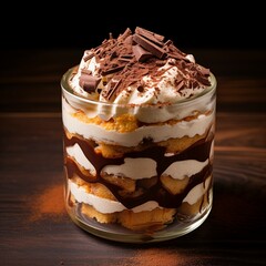 Tiramisu with menthe leaves in glass jar on dark wooden table.