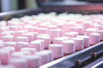 Obraz premium Industrial confectionery factory with machinery producing marshmallows on a production line.
