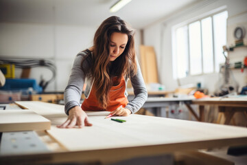 Focused young woman carpenter working with wood in a workshop, using tools and equipment for crafting.