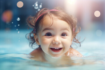 Fototapeta na wymiar Delighted infant learning to swim in a family pool, fostering a sense of water confidence and fun during summer.