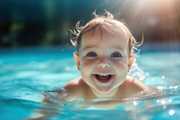 Fototapeta na wymiar Excited child enjoying water fun in a sunny pool, radiating joy and happiness during a cheerful and active summer day.