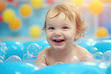 A happy baby taking a bath with bubbles, enjoying cheerful moments.