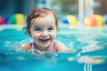 Fototapeta na wymiar A joyful baby learning to swim, splashing in a blue pool.