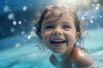 Cheerful infant enjoying underwater swimming, promoting water confidence and family bonding in a summer pool setting.