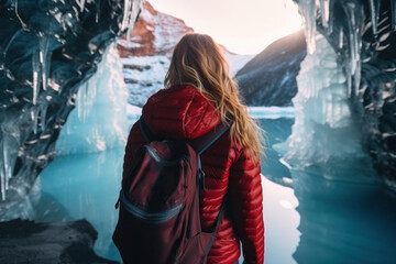 An explorer, young woman with a backpack in an icy landscape, surrounded by mountains and glaciers.