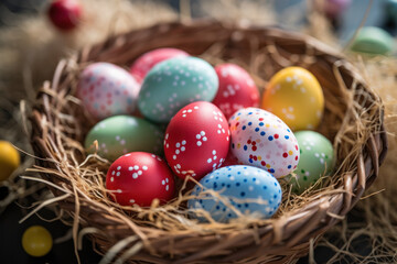 A festive Easter nest with colored eggs, vibrant patterns, and a rustic, handmade feel.