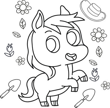 Cute baby unicorn sitting with cupcake doodle drawing coloring page illustration
