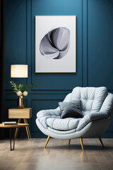 Immerse yourself in the chic ambiance of a modern living room with a white armchair against a striking blue wall, featuring a mock-up poster providing open copy space. 
