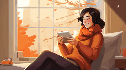 Instruct the AI to generate a sophisticated 16:9 vector artwork, intricately depicting the joy of holiday relaxation with a happy Asian woman. Immerse yourself in the cozy ambiance of a winter morning