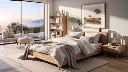 Modern bedroom interior with a large bed, a bookshelf, and a view of the ocean