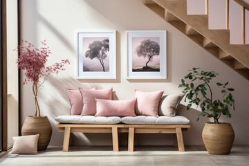 Immerse yourself in the elegance of a Scandinavian-inspired entrance hall, showcasing a wooden bench adorned with pink pillows near a staircase against a white wall. 