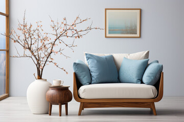 Immerse yourself in the simplicity of a modern living room with a cute blue loveseat sofa or snuggle chair, adorned by a pot with a branch against a pristine white wall with uncluttered copy space. 