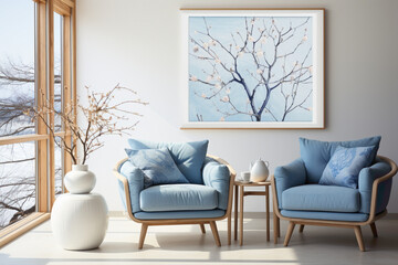 Immerse yourself in the simplicity of a modern living room with a cute blue loveseat sofa or snuggle chair, adorned by a pot with a branch against a pristine white wall with uncluttered copy space. 