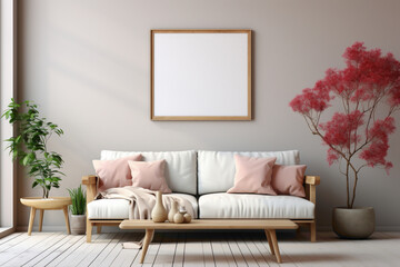 A comfortable and chic interior living room mockup with solid colorful details and an empty frame, offering a stylish and high-quality setting for your messaging.