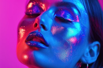 Fashion face woman in colorful bright neon uv blue and purple lights, glowing neon makeup