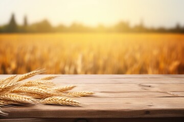 Empty wooden table in front of golden ears of wheat background - obrazy, fototapety, plakaty