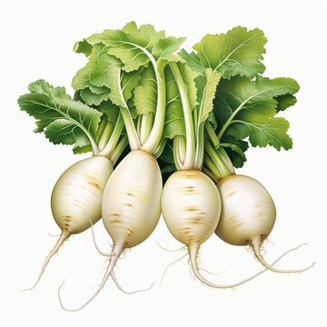 A digital painting of a bunch of white turnips with green leaves.