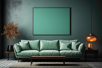 Immerse yourself in the warmth of a living space featuring a soft color green sofa and a stylish table against a backdrop of an empty frame for your creative text.