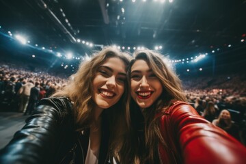 Two smiling young women taking selfie at concert - obrazy, fototapety, plakaty