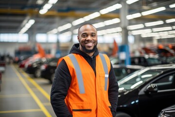 Portrait of a smiling young man working in automotive factory