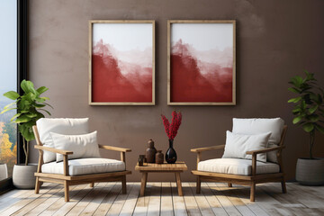 Picture a minimalist arrangement of two chairs in brown, white, and red colors, framed by a blank wall.