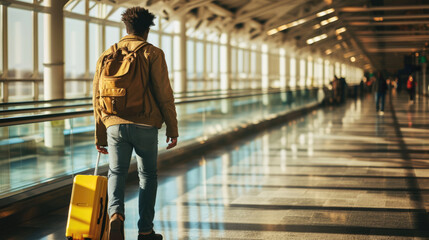 Obraz premium Young traveler is seen from behind walking down an airport corridor, carrying a yellow suitcase