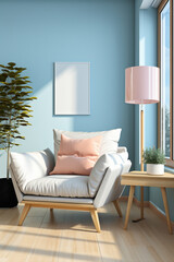 Picture a modern living room adorned with a cozy beige armchair against a serene blue wall, featuring a mock-up poster that seamlessly blends into the contemporary interior design. 