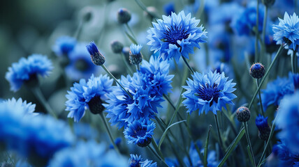 Blue cornflowers flowers in a flower field