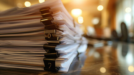 Close-up of a large stack of paperwork with binder clips on a wood desk - Powered by Adobe