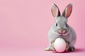 Fototapeta na wymiar Easter bunny rabbit with easter egg on pink background.