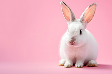 Fototapeta premium White bunny rabbit on pink background.