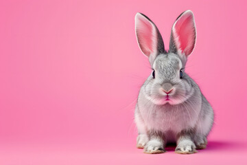 Grey bunny rabbit on pink background.