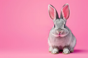Obraz premium Grey bunny rabbit on pink background.
