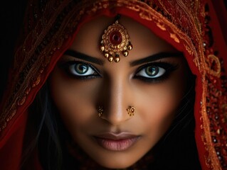 Fototapeta na wymiar Stunning Indian bride face, adorned red saree