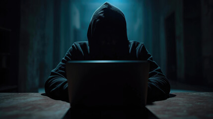 Silhouette of a mysterious figure in a hoodie, facing away from the camera, illuminated by the blue light of a laptop screen in a dark room