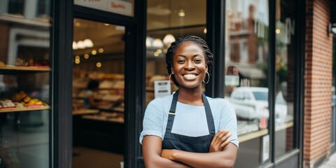 Portrait of a smiling African female small business owner standing in front of her bakery - obrazy, fototapety, plakaty