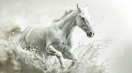 Fototapeta premium Milk splashes onto a milky white poster of a full-length horse with lots of detail. Nice background.