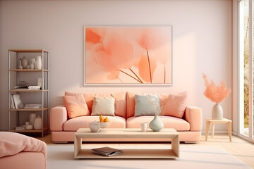 Modern living room interior of the room in peach fuzz colors. The design of a spacious bright house in a velvety delicate shade of peach tone. - obrazy, fototapety, plakaty