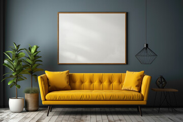 Picture a serene space with a dark yellow sofa and complementary table against an empty blank frame, creating a warm and inviting area for customizable text.