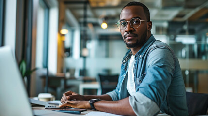 Obraz premium Man smiling while working on a laptop in a modern office environment