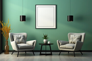 Picture a stylish arrangement featuring two chairs in soothing green and charcoal grey tones, elegantly placed against a blank wall. 