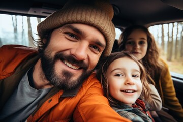 Happy young family taking a selfie in the car